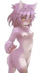  1girl ahoge animal_ears animal_hands blush breasts closed_mouth collarbone furry furry_female hawthorn highres navel nipples nude original pawpads purple_hair short_hair simple_background small_breasts tail white_background yellow_eyes 