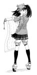  1girl from_behind full_body greyscale hand_on_hip hiro_(chumo) holding holding_scroll japanese_clothes kantai_collection kariginu kneehighs looking_back miniskirt monochrome platform_footwear pleated_skirt ryuujou_(kancolle) scroll skirt socks solo twintails visor_cap 