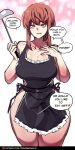  1girl apron breasts chainsaw_man cleavage cowboy_shot english_text highres hinghoi holding large_breasts looking_at_viewer makima_(chainsaw_man) naked_apron open_mouth red_hair ringed_eyes shinkon_santaku sidelocks sketch smile solo speech_bubble standing 
