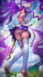  1girl artist_name ass bare_back blue_eyes blue_sky blush closed_mouth dated day elbow_gloves from_behind from_below full_body gloves hair_ornament high_heels highres holding holding_staff janna_(league_of_legends) knees_together_feet_apart league_of_legends long_hair panties pleated_skirt purple_hair purple_skirt skirt sky staff standing star_guardian_(league_of_legends) thighhighs turewindwalker underwear white_gloves white_panties white_thighhighs 