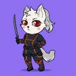 2022 5_fingers anthro arctic_fox black_nose bodysuit boots breasts canid canine chibi cinnameana clothed clothing death_glare digital_media_(artwork) female fingers footwear fox fur gloves hair handwear holding_object holding_sword holding_weapon humanoid_hands inner_ear_fluff looking_at_viewer mammal melee_weapon murmur_(slanda) ponytail red_eyes skinsuit solo standing sword tight_clothing tuft weapon white_body white_fur white_hair 