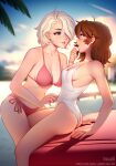  2girls artist_name ass audi_(tsuaii) bangs bare_arms bare_shoulders bikini blue_eyes blurry blurry_background body_freckles breasts brooke_(mathias_leth) brown_hair collaboration collarbone commentary english_commentary eye_contact freckles hair_over_one_eye highres long_hair looking_at_another mathias_leth medium_breasts multiple_girls nail_polish one-piece_swimsuit one_eye_covered open_mouth original outdoors paid_reward_available parted_lips pink_nails red_bikini side-tie_bikini_bottom sideboob smile swimsuit tsuaii twitter_username white_hair white_one-piece_swimsuit yuri 