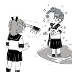  2girls ayanami_(kancolle) closed_eyes commentary_request honest_axe kantai_collection long_hair lowres monochrome multiple_girls parody pleated_skirt pond ponytail sailor_collar school_uniform serafuku shikinami_(kancolle) shirouri side_ponytail skirt standing wading water 
