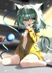  1girl absurdres animal_ears black_socks blush breasts cat_ears cat_tail collarbone dfra eyeball fang green_eyes green_hair hair_between_eyes highres jacket komeiji_koishi long_sleeves navel open_clothes open_jacket open_mouth short_hair skin_fang small_breasts smile socks solo tail third_eye touhou yellow_jacket 