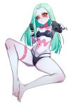  1girl absurdres aiming_at_viewer artificial_eye barefoot black_bra black_panties blush bra breasts colored_sclera colored_skin cyberpunk_(series) cyberpunk_edgerunners cyborg dual_wielding feet finger_on_trigger green_eyes green_hair highres holding holding_weapon kiritzugu leg_tattoo long_hair looking_at_viewer mechanical_eye navel neck_tattoo panties petite pink_nails rebecca_(cyberpunk) red_pupils red_sclera sharp_teeth small_breasts solo stomach_tattoo straight_hair strapless strapless_bra tattoo teeth toes underwear underwear_only weapon white_background white_skin 