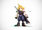  1990s_(style) 1boy armor blonde_hair blue_eyes boots brown_footwear buster_sword cloud_strife final_fantasy final_fantasy_vii huge_weapon k-suwabe male_focus overalls pauldrons purple_overalls retro_artstyle shoulder_armor single_pauldron solo spiked_hair standing sword weapon weapon_on_back 