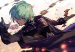  1boy armor bangs black_armor black_cape byleth_(fire_emblem) byleth_(fire_emblem)_(male) cape enlightened_byleth_(male) fire_emblem fire_emblem:_three_houses gauntlets green_eyes green_hair hair_between_eyes holding holding_sword holding_weapon hungry_clicker looking_at_viewer short_hair solo sword sword_of_the_creator upper_body weapon 