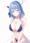  1girl absurdres ako_(blue_archive) bangs bikini blue_archive blue_eyes blue_hair blue_hairband blush breasts cleavage earrings hair_between_eyes hair_ornament hairband halo highres jewelry kousi_sirazawa large_breasts long_hair looking_at_viewer navel simple_background swimsuit thighhighs 