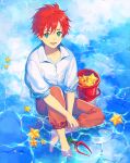  1boy barefoot bucket caustics collared_shirt english_commentary from_above full_body green_eyes highres looking_up male_focus open_mouth original partially_submerged red_hair reflection refraction saeldam shirt short_hair sitting sleeves_rolled_up solo star_(symbol) teeth toes upper_teeth water 