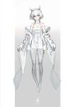  1girl also_sprach_zarathustra_(neco) bare_shoulders border cleavage_cutout clothing_cutout elbow_gloves english_commentary full_body gloves gradient gradient_background grey_background grey_theme highres jacket looking_at_viewer mechanical_legs neco p_(neco) parted_lips red_eyes solo white_border white_gloves white_hair white_jacket white_theme 