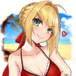 2020 ahoge beach blonde_hair blush braid breasts cleavage closed_mouth crown_braid day doyagao fate/grand_order fate_(series) green_eyes hair_intakes head_tilt heart lazycoffee_(wyen_iscordo) looking_at_viewer nero_claudius_(fate) nero_claudius_(swimsuit_caster)_(fate) outdoors sand smile smug summer swimsuit tree upper_body 