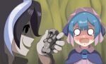  1boy 1girl absurdres bad_hands black_eyes black_hair blue_hair chastity_cage drawfag highres indoors made_in_abyss maruruk multicolored_hair no_pupils ozen smile streaked_hair tearing_up upper_body whistle 