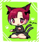  1girl :3 :d alternate_hair_length alternate_hairstyle animal_ears artist_name bangs blunt_bangs cat_ears cat_tail chibi extra_ears green_background hair_behind_ear kaenbyou_rin multiple_tails nekomata open_mouth paw_pose red_hair short_hair simple_background sitting smile solo tail touhou two_tails yadoyuki yokozuwari 