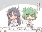  2girls :&gt; :d adjusting_clothes antenna_hair artist_name assault_lily bangs barefoot bath_yukata black_eyes blush chibi closed_eyes commentary_request futon gochisousama_(tanin050) green_eyes green_hair grey_background hair_between_eyes hair_ribbon hand_on_lap hand_up hands_up japanese_clothes kimono long_hair long_sleeves looking_at_viewer messy_hair motion_lines multiple_girls on_bed outstretched_arm pointing pointing_at_another ribbon seiza shirai_yuyu short_hair sitting smile solid_circle_eyes striped striped_kimono sweatdrop two-tone_background two_side_up vertical-striped_kimono vertical_stripes white_background white_kimono wide_sleeves yellow_ribbon yoshimura_thi_mai yukata 