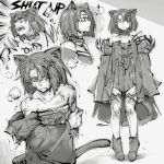  ! 1girl animal_ears arknights bangs bare_shoulders blood boots cat_ears cat_tail choker commentary dlanon dress greyscale hair_ornament long_sleeves mandragora_(arknights) monochrome multiple_views off-shoulder_dress off_shoulder one_eye_closed profile short_hair spoken_exclamation_mark standing tail 