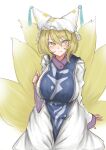  1girl absurdres animal_ears arm_support blonde_hair breasts dress fox_ears fox_tail hat highres huge_breasts kuraki long_sleeves looking_at_viewer multiple_tails pillow_hat short_hair smile solo tabard tail touhou white_background white_dress wide_sleeves yakumo_ran yellow_eyes 