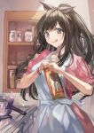  1girl :p apron bangle black_ribbon bracelet brown_eyes brown_hair cooking cooking_pot dress english_commentary food hair_ribbon highres holding idolmaster idolmaster_shiny_colors jar jewelry kitchen long_hair looking_at_viewer noodles opening otsudou pink_dress ribbon shelf short_sleeves smile solo stove tongue tongue_out tsukioka_kogane upper_body white_apron 