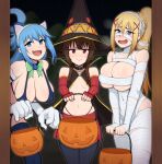  3girls afrobull aqua_(konosuba) blonde_hair blue_hair breasts brown_hair darkness_(konosuba) halloween halloween_costume hat kono_subarashii_sekai_ni_shukufuku_wo! large_breasts long_hair medium_breasts megumin multiple_girls pov small_breasts source_request witch_hat 