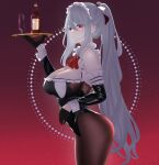  absurdres alternate_costume arknights ascot black_gloves black_leotard blush bottle breasts brown_pantyhose cleavage cowboy_shot cup detached_sleeves drinking_glass enmaided frilled_leotard frills gloves gradient gradient_background grey_hair highres holding holding_tray large_breasts leotard long_hair long_sleeves maid maid_headdress niuwajun pantyhose parted_lips ponytail red_ascot red_background sidelocks skadi_(arknights) smile tray very_long_hair wrist_cuffs 