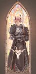  1boy absurdres arknights armor black_horns chinese_commentary closed_mouth gauntlets highres holding holding_sword holding_weapon horns jueduihuoli looking_at_viewer male_focus pink_hair pointy_ears red_eyes simple_background solo stained_glass sword theresis_(arknights) weapon 