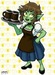  2022 accessory apron barmaid beer_mug breasts brown_hair clothing ear_piercing female freckles goblin green_body green_skin hair hair_accessory hairclip hi_res honey_goblin humanoid humanoid_pointy_ears jewelry medium_breasts necklace not_furry piercing shabazik short_stack smile solo tray yellow_sclera 