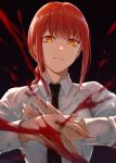  1girl bangs black_background blood blood_splatter blunt_bangs braid braided_ponytail chainsaw_man closed_mouth collared_shirt long_sleeves looking_at_viewer makima_(chainsaw_man) red_hair shirt simple_background single_braid smile sol_(tvtjk7ubec) solo white_shirt yellow_eyes 