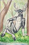  2022 antlers black_nose brushfire buck_(disambiguation) cervid cervine cloven_hooves forest hooves horn ink looking_at_viewer mammal neck_tuft painting painting_(artwork) pinup plant pose sitting traditional_media_(artwork) tree tuft unguligrade unguligrade_anthro watercolor_(artwork) white_antlers 