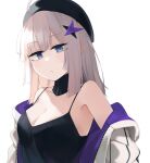  1girl aa-12_(girls&#039;_frontline) absurdres ahoge armpits bangs bare_shoulders beret black_camisole black_choker black_headwear black_shirt blue_eyes breasts camisole choker cleavage closed_mouth collarbone expressionless from_side girls&#039;_frontline grey_hair hair_ornament hairclip half-closed_eyes hat highres hinami047 jacket long_hair looking_at_viewer medium_breasts multicolored_clothes multicolored_jacket off_shoulder purple_jacket shiny shiny_hair shirt sidelocks simple_background two-tone_jacket upper_body white_background white_jacket 