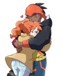  1boy 1girl black_hair black_hoodie blush brown_coat captain_rey closed_mouth coat commentary_request dark-skinned_male dark_skin earrings fang hair_ornament headband heart heart_hair_ornament holding holding_phone hood hood_down hoodie hug jewelry long_hair orange_hair orange_headband pants phone pokemon pokemon_(game) pokemon_swsh raihan_(pokemon) rotom rotom_phone short_hair shorts side_ponytail simple_background smile sonia_(pokemon) undercut white_background 