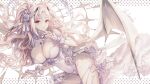  1girl bangs breasts bridal_gauntlets cleavage closed_mouth commission dress flower large_breasts long_hair looking_at_viewer lying on_side original ponytail red_eyes rose skeb_commission solo tamtam_ex white_dress white_flower white_hair white_rose 