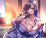  1girl adjusting_hair aizawa_chihiro black_hair blue_eyes blue_hair blurry blurry_background blush breasts bright_pupils cleavage floral_print gradient_hair huge_breasts indoors japanese_clothes kimono lamp loose_clothes multicolored_hair original parted_lips sparkle teeth 