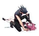  1boy 1girl arm_tattoo bangs bare_arms black_choker black_footwear black_gloves black_hair black_pants black_shirt boy_on_top brown_eyes choker fingerless_gloves fudou_yuusei full_body gloves grey_socks gun hair_between_eyes hair_over_eyes handgun highres holding holding_gun holding_weapon izayoi_aki long_hair looking_at_another lying multicolored_hair naoki_(2rzmcaizerails6) on_back one_knee pants red_hair shiny shiny_hair shirt simple_background sketch sleeveless sleeveless_shirt socks spiked_hair strapless tattoo two-tone_hair weapon white_background yu-gi-oh! yu-gi-oh!_5d&#039;s 