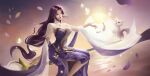  1girl absurdres bare_legs breasts broom bug butterfly cat dress earrings falling_petals fu_guang_qingqing glowing_butterfly highres horizon jewelry lantern large_breasts long_hair outstretched_hand petals purple_dress purple_hair second-party_source shiny shiny_hair sitting solo sun wanmei_shijie water yun_xi_(wanmei_shijie) 