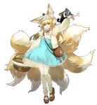  1girl absurdres animal_ear_fluff animal_ears animal_on_head arknights bag basket bijian_de_linghun black_cat blonde_hair blue_hairband blue_skirt brown_bag brown_footwear cardigan cat cat_on_head fang fox_ears fox_girl fox_tail frilled_hairband frills full_body green_eyes hair_down hairband heixiu high-waist_skirt highres holding holding_basket kitsune long_hair long_sleeves looking_at_viewer luoxiaohei multicolored_hair multiple_tails neck_ribbon on_head open_cardigan open_clothes open_mouth pantyhose red_ribbon ribbon satchel shirt shirt_tucked_in shoulder_bag simple_background skirt solo standing straight_hair streaked_hair suzuran_(arknights) tachi-e tail the_legend_of_luo_xiaohei white_background white_hair white_pantyhose white_shirt yellow_card 