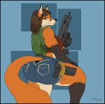  anthro big_butt bottomwear butt canid canine clothed clothing female fox fur greasymojo gun hi_res holding_gun holding_object holding_weapon looking_at_viewer looking_back looking_back_at_viewer mammal orange_body orange_fur ranged_weapon shorts solo weapon 