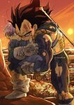  2boys alternate_universe amartbee armor black_hair blood blood_on_face boots bruise bruise_on_face carrying commentary dragon_ball dragon_ball_z english_commentary father_and_son highres injury male_child male_focus multiple_boys muscular muscular_male purple_hair torn_clothes trunks_(dragon_ball) twitter_username vegeta widow&#039;s_peak 