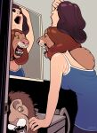  2018 absurd_res anthro blackshirtboy blue_clothing blue_topwear breasts brown_body brown_fur brown_hair clothing digital_media_(artwork) felid female fur hair hi_res human_costume implied_transformation lion looking_at_reflection mammal mirror open_mouth pantherine sink solo topwear 