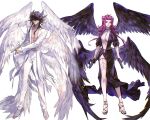  1boy 1girl absurdres alternate_costume bangs black_dress black_feathers black_hair blonde_hair blue_eyes breasts brown_eyes cleavage closed_mouth coat dress dual_wielding facial_mark feathered_wings feathers floating_hair fudou_yuusei full_body gun hair_between_eyes hair_ornament hairpin handgun high_heels highres holding holding_gun holding_weapon izayoi_aki large_breasts long_dress long_hair long_sleeves multicolored_hair multiple_wings nail_polish naoki_(2rzmcaizerails6) navel open_clothes open_coat open_mouth pants red_hair red_lips red_nails revealing_clothes shiny shiny_hair side_slit simple_background spiked_hair standing thighlet toenail_polish toenails two-tone_hair very_long_hair weapon white_background white_coat white_pants white_wings wings yu-gi-oh! yu-gi-oh!_5d&#039;s 