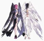  1boy 1girl absurdres alternate_costume alternate_hair_length alternate_hairstyle backless_dress backless_outfit bare_legs black_dress black_footwear black_hair black_wings dress feathered_wings floating_hair from_behind fudou_yuusei full_body high_heels highres holding holding_sword holding_weapon izayoi_aki knife long_hair long_sleeves multiple_wings naoki_(2rzmcaizerails6) pants red_hair shoulder_blades side_slit simple_background spiked_hair standing sword weapon white_background white_pants white_wings wings yu-gi-oh! yu-gi-oh!_5d&#039;s 