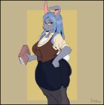  anthro blue_hair book bottomwear breasts cleavage clothed clothing eyewear female glasses greasymojo hair hi_res holding_book holding_object lagomorph leporid mammal rabbit skirt solo 
