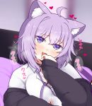  1girl ahoge animal_ears blush breasts bursting_breasts cat_ears cat_girl cleavage fang heart heavy_breathing highres hololive large_breasts looking_at_viewer matarou_(matarou072) nekomata_okayu open_mouth purple_eyes purple_hair sleeves_past_wrists solo upper_body 