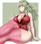  1girl absurdres arcedo bangs breasts choker cleavage covered_navel dress feet_out_of_frame fire_emblem fire_emblem_awakening from_below green_eyes green_hair hair_tie hand_up highres large_breasts looking_at_viewer parted_lips pointy_ears red_dress red_ribbon ribbon shadow sitting smile solo teeth thick_thighs thighhighs thighs tiara tiki_(fire_emblem) watermark 