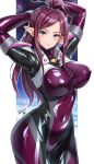  1girl arms_up blue_eyes blush bodysuit breasts covered_navel covered_nipples highres impossible_bodysuit impossible_clothes looking_at_viewer macross macross_delta medium_breasts mirage_farina_jenius pilot_suit pointy_ears purple_bodysuit purple_hair shiny shiny_clothes shiny_hair short_hair side_ponytail skin_tight solo standing yoohi 