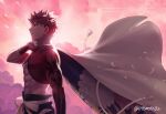  1boy bird cloud emiya_shirou fate/grand_order fate_(series) feathers from_side highres igote light moto_(otemoto02) parted_lips red_hair senji_muramasa_(fate) tassel toned toned_male twitter_username upper_body wristband yellow_eyes 