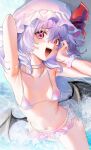  1girl absurdres armpits arms_up bat_wings bikini breasts choker commission fangs frilled_swimsuit frills hat highres lalu_(pixiv3307500) light_purple_hair mob_cap navel open_mouth purple_eyes remilia_scarlet slit_pupils small_breasts solo swimsuit tongue touhou water wings 