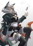  1girl absurdres animal_ears arknights armlet belt black_footwear black_shorts boots breasts brown_eyes collar cropped_jacket eyepatch five-fall gradient gradient_background green_jacket grey_background grey_hair grey_thighhighs highres hood hood_down infection_monitor_(arknights) jacket large_breasts long_hair long_sleeves nail_polish open_clothes open_jacket parted_lips pocket_watch quartz_(arknights) shirt shorts solo tail thigh_boots thighhighs thighhighs_under_boots underbust watch white_background white_shirt wolf_ears wolf_girl wolf_tail 