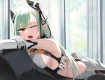  1girl ahoge aqua_hair bangs black_ribbon bodysuit breasts earrings elbow_gloves feet_out_of_frame girls&#039;_frontline gloves hair_ribbon harness highres hinami047 jewelry large_breasts leotard long_hair looking_at_viewer ltlx_7000_(girls&#039;_frontline) lying mechanical_ears mole mole_on_neck on_stomach one_eye_closed open_mouth plant red_eyes ribbon sideboob simple_background solo teardrop upper_body white_bodysuit white_gloves white_leotard window 