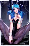  1girl alternate_costume animal_ears artist_name bangs bare_shoulders biting black_bow black_leotard blue_hair bow breasts cleavage drill_hair fake_animal_ears feet gwen_(league_of_legends) hair_bow hand_up heterochromia highres league_of_legends legs leotard lip_biting long_hair long_legs merellyne nail_polish no_shoes pantyhose pink_nails playboy_bunny purple_nails shiny shiny_hair signature smile solo strapless strapless_leotard striped striped_pantyhose toenail_polish toenails toes twin_drills wrist_cuffs 