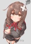  1girl bandaid bandaid_on_head bangs black_skirt blush bra braid breasts brown_eyes brown_hair capelet closed_mouth commentary_request crossed_bandaids dated from_above grey_background hair_ribbon izumikuma kantai_collection long_hair looking_at_viewer medium_breasts pleated_skirt red_ribbon ribbon shinshuu_maru_(kancolle) simple_background skirt solo squiggle tears torn_clothes twin_braids twitter_username underwear white_bra 