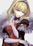  1girl arm_up bangs blonde_hair blue_eyes blue_hairband bracelet breasts closed_mouth constance_von_nuvelle dress earrings elbow_gloves fire_emblem fire_emblem:_three_houses fire_emblem_warriors:_three_hopes gloves grin hairband highres jewelry lips looking_at_viewer medium_breasts medium_hair mik_blamike multicolored_hair official_alternate_costume official_alternate_hairstyle red_dress smile solo streaked_hair upper_body white_background white_gloves wide_sleeves 